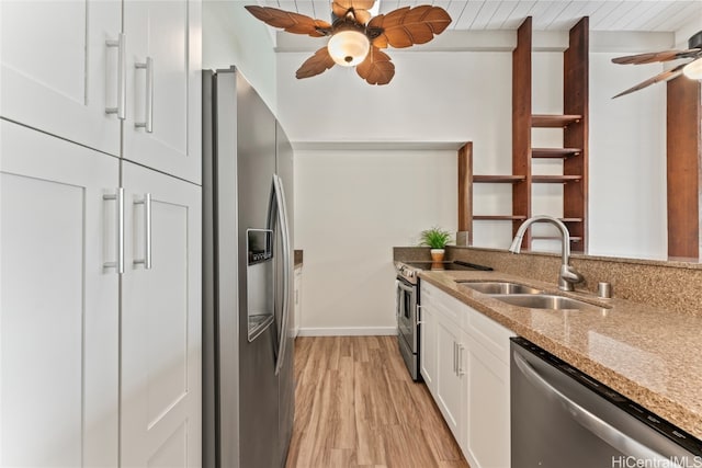 kitchen featuring beam ceiling, white cabinetry, wooden ceiling, sink, and stainless steel appliances