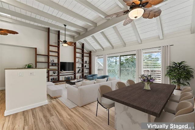 living room featuring beamed ceiling, high vaulted ceiling, light wood-type flooring, and ceiling fan