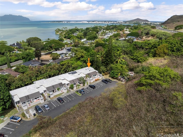 birds eye view of property with a water and mountain view