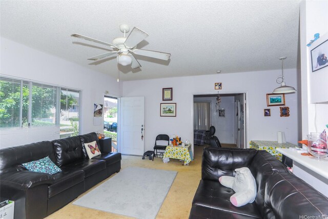 94-1259 Lumikula St Unit 4U, Waipahu, HI 96797 - living room with a ceiling fan, a textured ceiling, and carpet floors