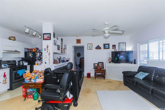 94-1259 Lumikula St Unit 4U, Waipahu, HI 96797 - living area featuring ceiling fan, light colored carpet, and a textured ceiling