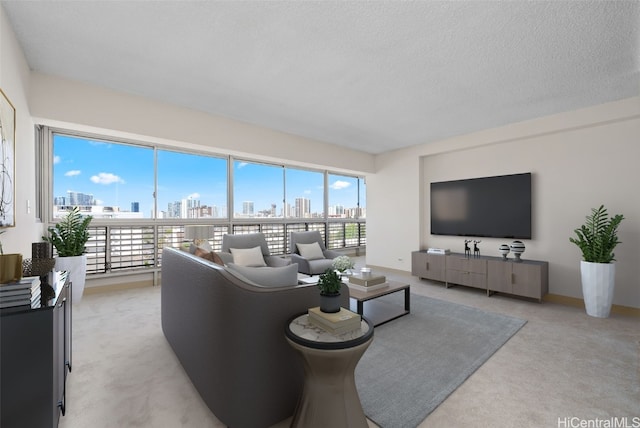 carpeted living room with a textured ceiling