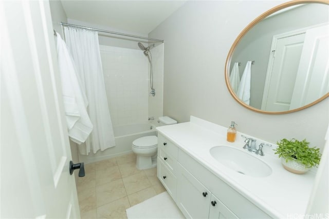 full bathroom with tile patterned flooring, vanity, shower / tub combo with curtain, and toilet