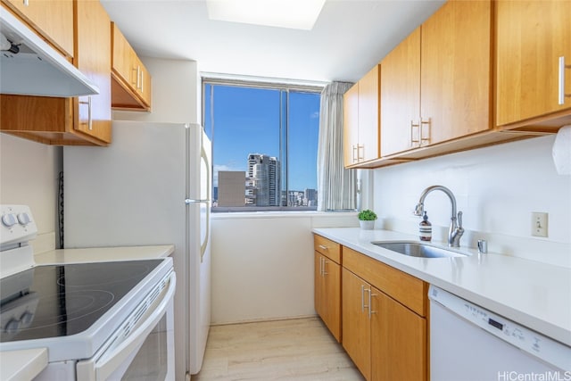 kitchen featuring light wood-type flooring, white appliances, and sink