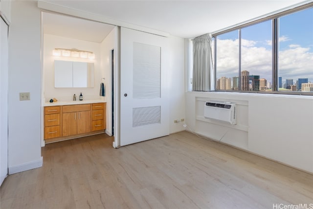 interior space featuring a closet, light wood-type flooring, and a wall mounted AC