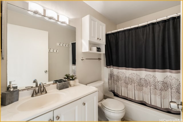 full bathroom with vanity, toilet, and shower / bathtub combination with curtain