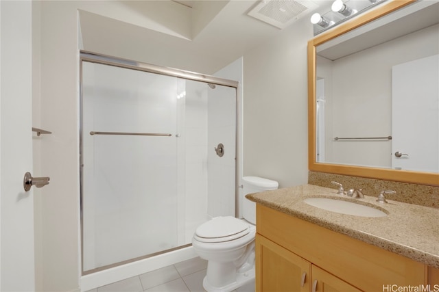 bathroom with vanity, tile patterned flooring, toilet, and walk in shower