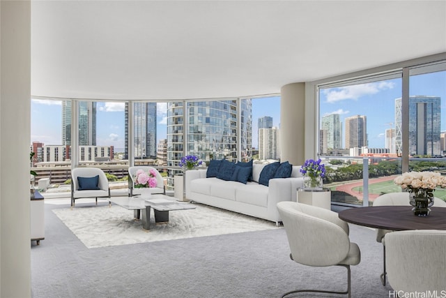 carpeted living room with expansive windows