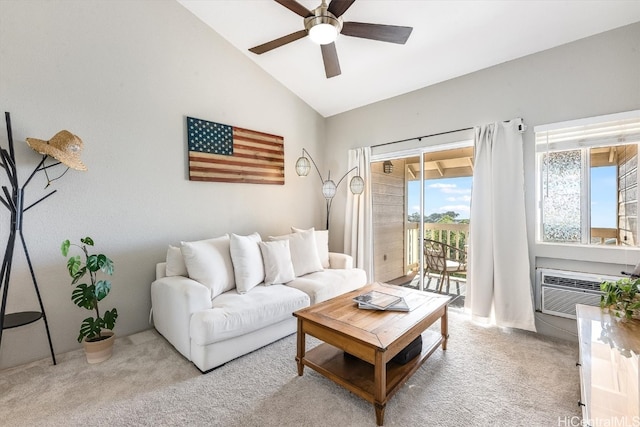 carpeted living room featuring ceiling fan, an AC wall unit, and vaulted ceiling