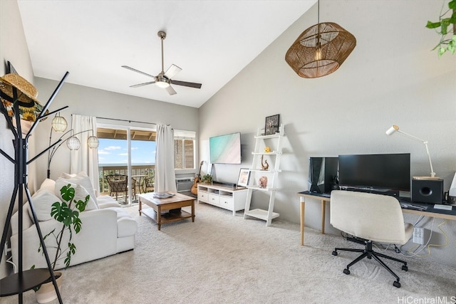 home office featuring carpet flooring, high vaulted ceiling, and ceiling fan