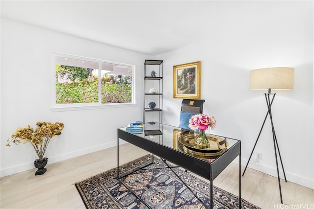 home office with hardwood / wood-style floors