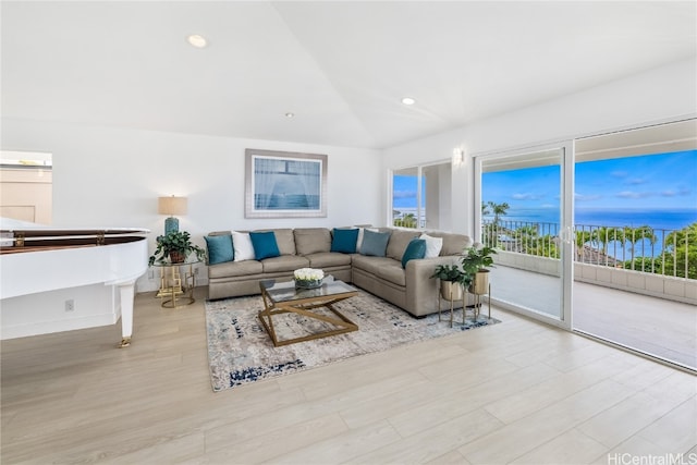 living room with a wealth of natural light, light hardwood / wood-style flooring, and vaulted ceiling