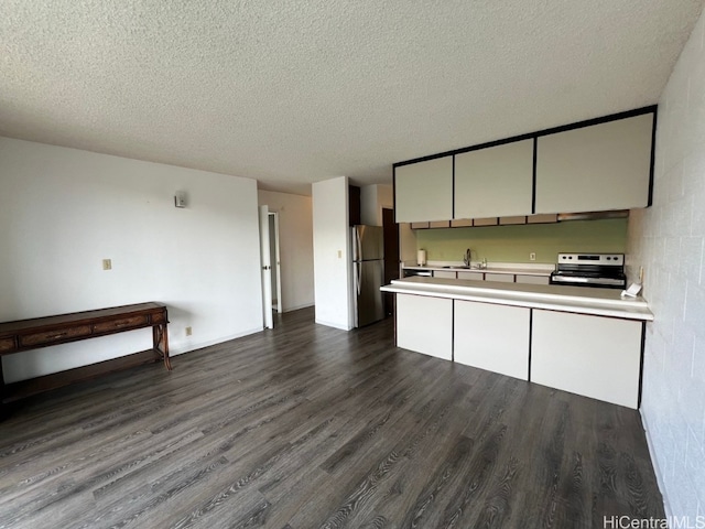 kitchen with a textured ceiling, appliances with stainless steel finishes, sink, and dark hardwood / wood-style floors