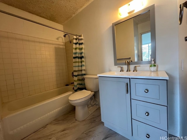 full bathroom featuring vanity, shower / bath combo, a textured ceiling, and toilet