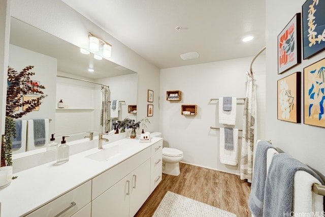 bathroom featuring toilet, vanity, wood-type flooring, and a shower with shower curtain