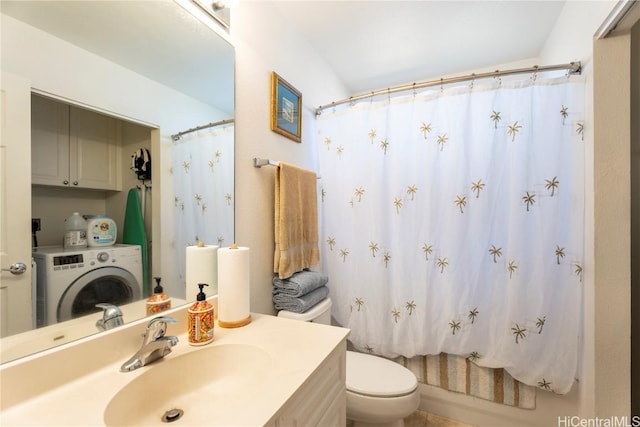 full bathroom with vanity, washer / dryer, shower / bath combination with curtain, and toilet