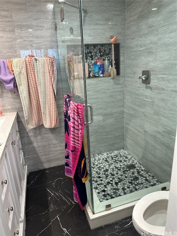 bathroom with tile walls, vanity, toilet, and an enclosed shower