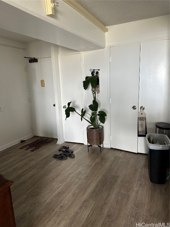 entryway featuring a textured ceiling and dark wood-type flooring