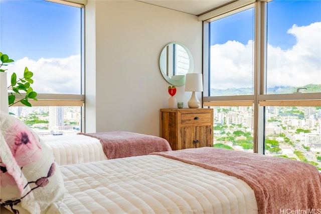 bedroom with expansive windows and a city view