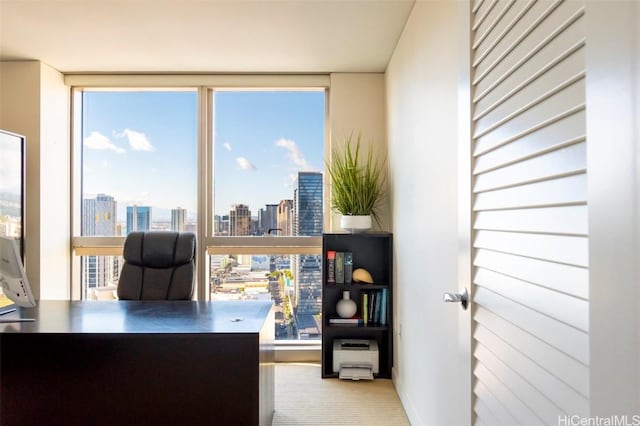 home office featuring a view of city and floor to ceiling windows