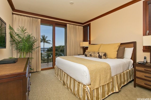 bedroom featuring light carpet, ornamental molding, and access to exterior
