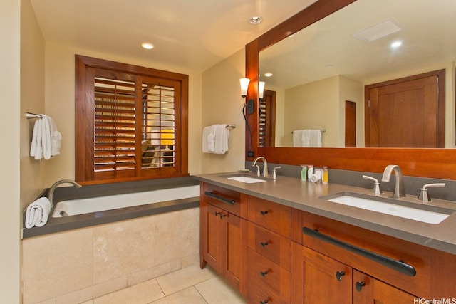 full bathroom with a garden tub, tile patterned flooring, a sink, and double vanity