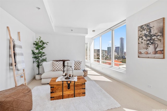 living room with baseboards, carpet floors, and a view of city