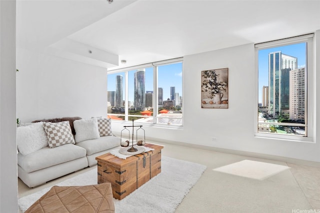 carpeted living room featuring a city view, plenty of natural light, and baseboards