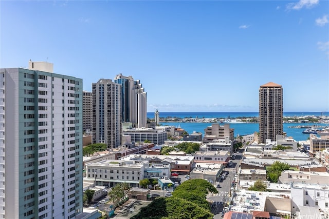 birds eye view of property featuring a water view