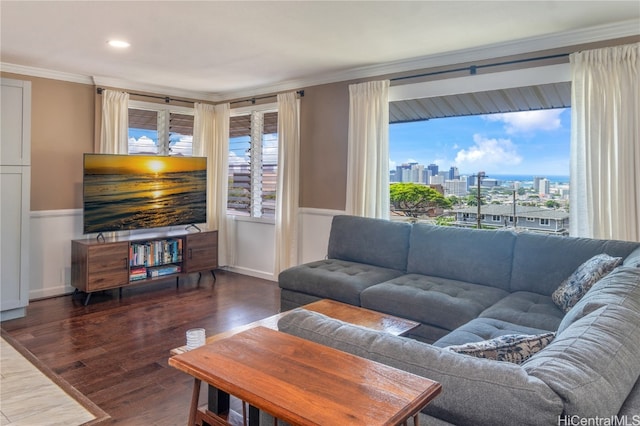 living room featuring ornamental molding and dark hardwood / wood-style flooring