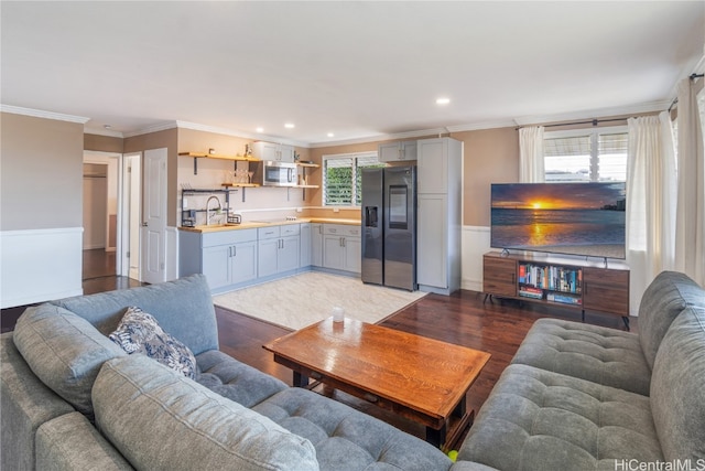 living room featuring crown molding, a healthy amount of sunlight, and dark hardwood / wood-style flooring