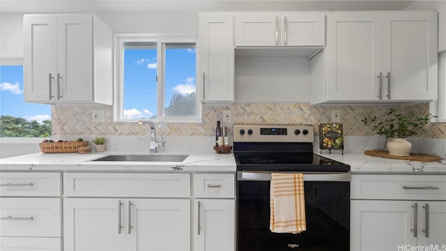 kitchen with stainless steel range with electric stovetop, sink, backsplash, and a wealth of natural light