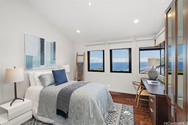 bedroom featuring dark hardwood / wood-style flooring and lofted ceiling