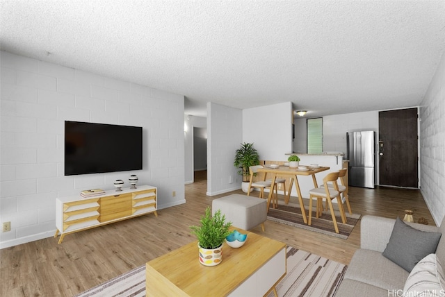 living room featuring light hardwood / wood-style flooring and a textured ceiling