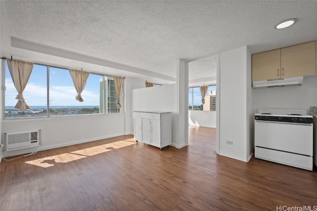 interior space with dark hardwood / wood-style flooring, a textured ceiling, and a wall mounted air conditioner