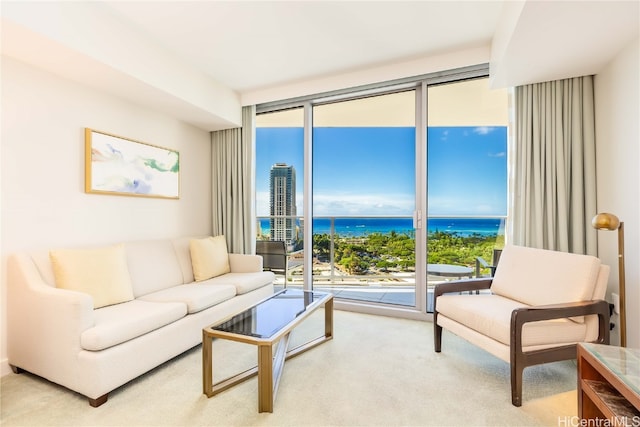 carpeted living room with a wall of windows and a water view