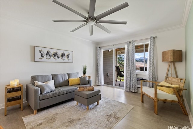 living room featuring ceiling fan, ornamental molding, and light wood-type flooring