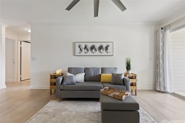 living room featuring ceiling fan, ornamental molding, and wood-type flooring