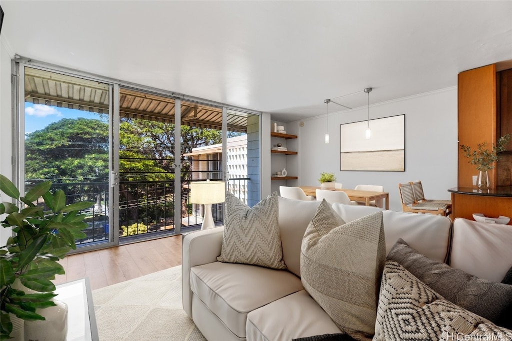 living room with light hardwood / wood-style floors and floor to ceiling windows