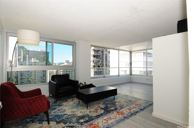 2421 Tusitala St Unit 1402, Honolulu, HI 96815 - living room featuring a city view, a textured ceiling, wood finished floors, and baseboards