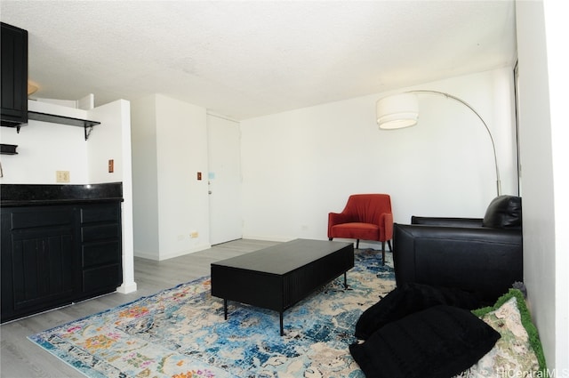 living room featuring light hardwood / wood-style flooring and a textured ceiling