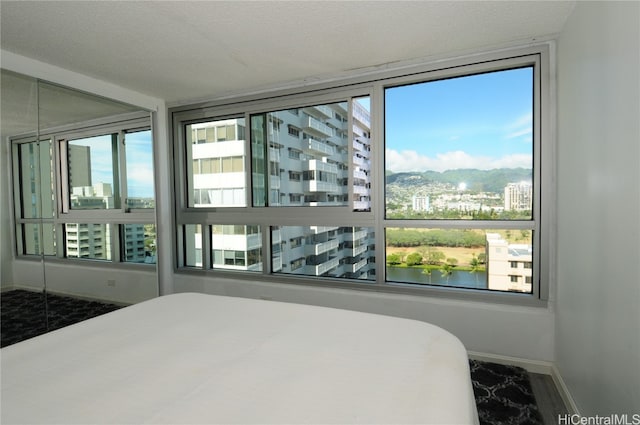 bedroom featuring multiple windows, a water view, and a textured ceiling