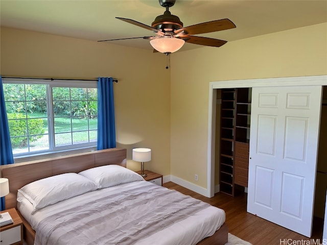 bedroom featuring a closet, dark hardwood / wood-style floors, and ceiling fan