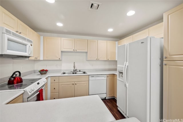 kitchen featuring sink, dark wood-type flooring, and white appliances