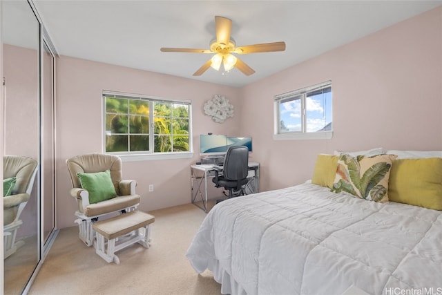 bedroom featuring a closet, carpet, and a ceiling fan