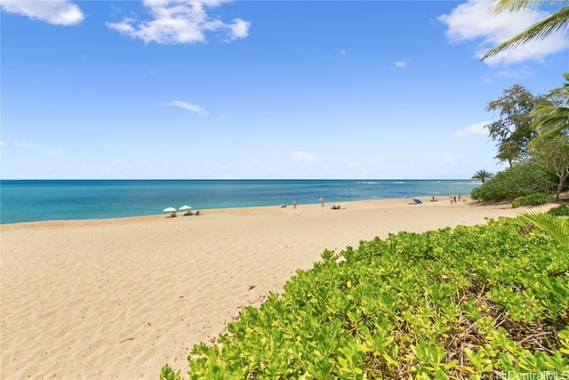 property view of water featuring a beach view