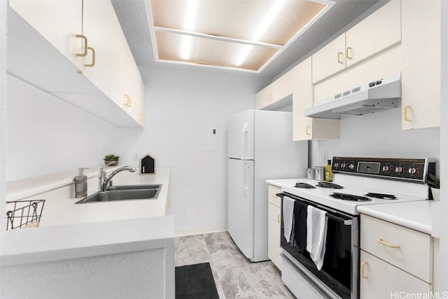 kitchen featuring white cabinetry, sink, and white appliances