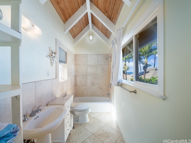 full bathroom with tiled shower / bath combo, vaulted ceiling with beams, toilet, and wooden ceiling