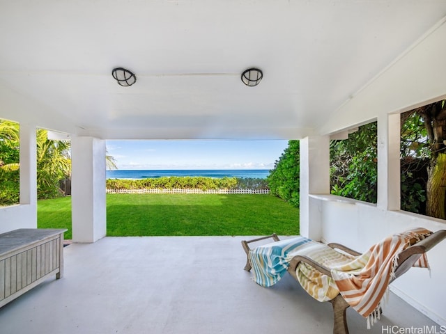 view of patio featuring a water view