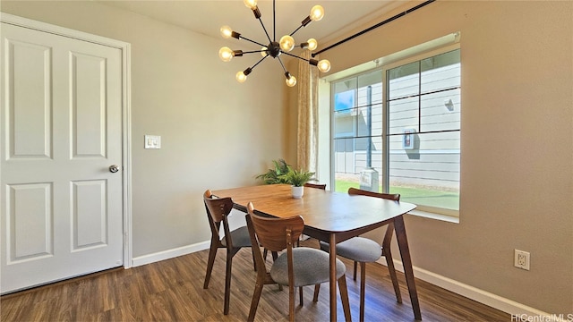 dining space with a notable chandelier and dark hardwood / wood-style floors